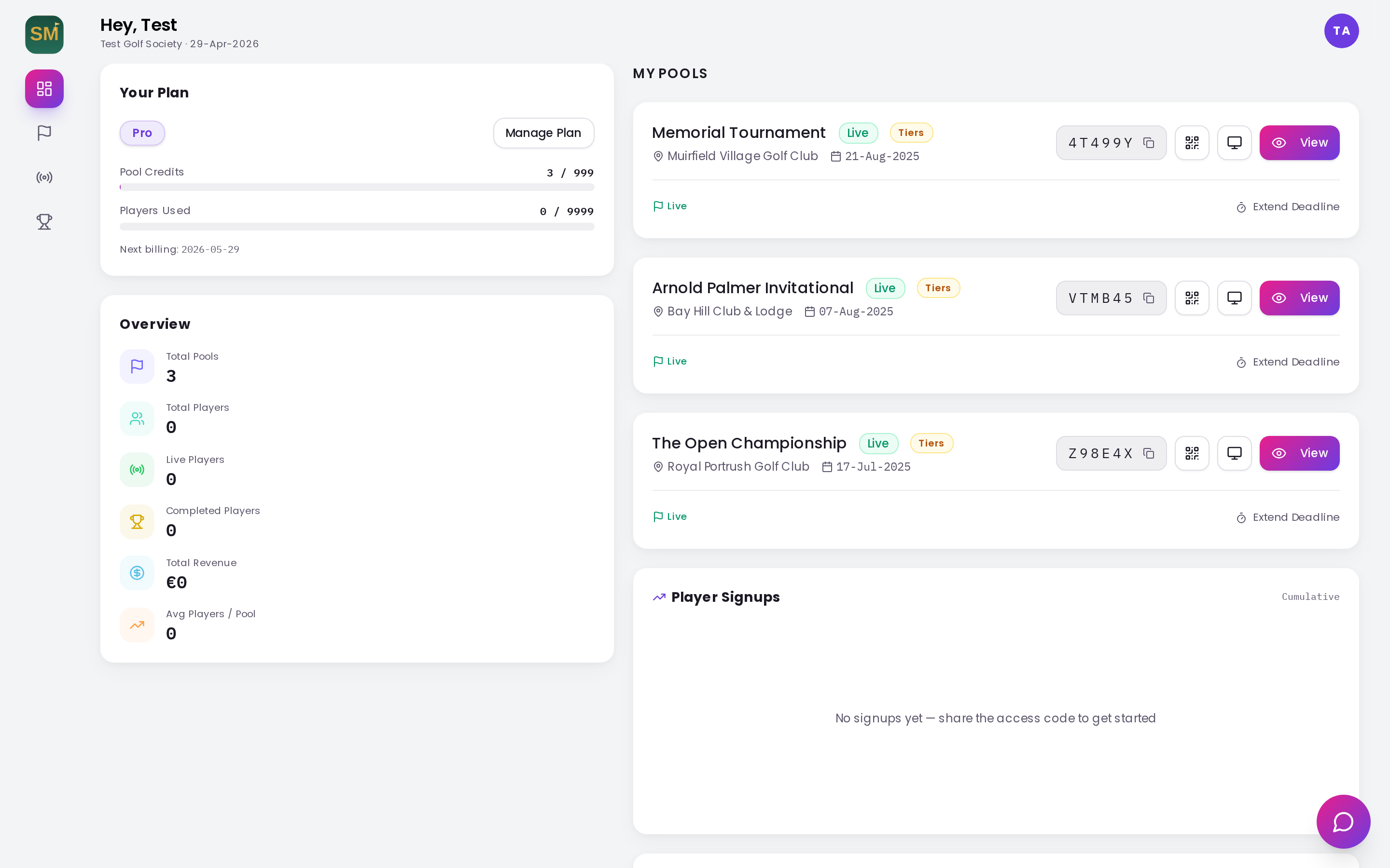 SportSweeps admin dashboard - active pools, player counts, and plan usage at a glance